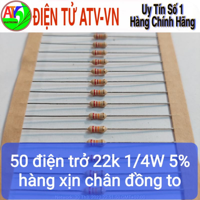 50 điện trở 22k 1/4W 5% hàng xịn chân đồng to