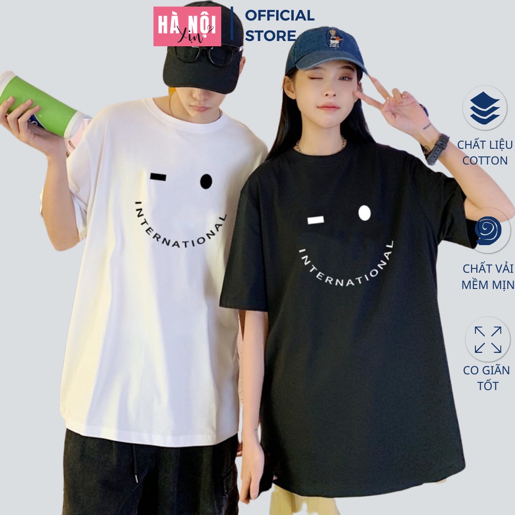 Áo thun đôi nam nữ, áo phông đôi nam nữ tay lỡ vải cotton, áo phông đôi in hình mặt cười cho các cặp đôi