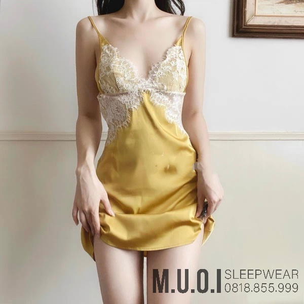 [FREESHIP] Váy ngủ sexy QCCC-Sx 88 Váy ngủ  lụa satin phối ren cách điệu QCCC Muối Sleepwear-sẵn