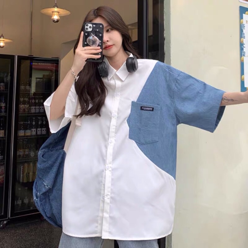 Đồ đôi nam và nữ váy body nữ kết hợp áo sơ mi pha jean