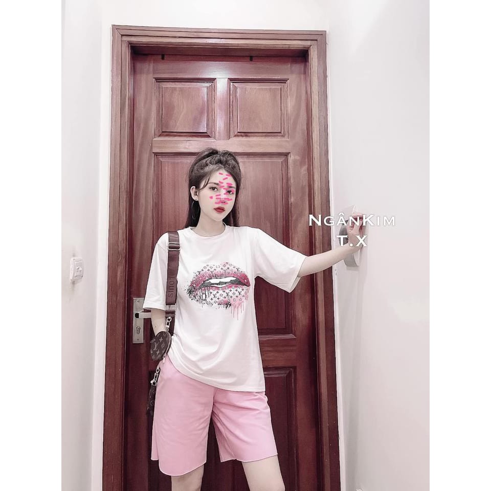 ÁO PHÔNG NGẮN TAY IN MÔI NỮ 2 MÀU TRẮNG ĐEN