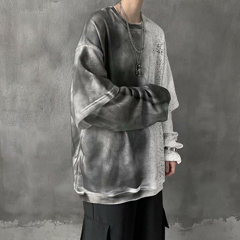 Áo thun cotton dài tay dáng rộng màu gradient giả 2 lớp thời trang harajuku cho nam