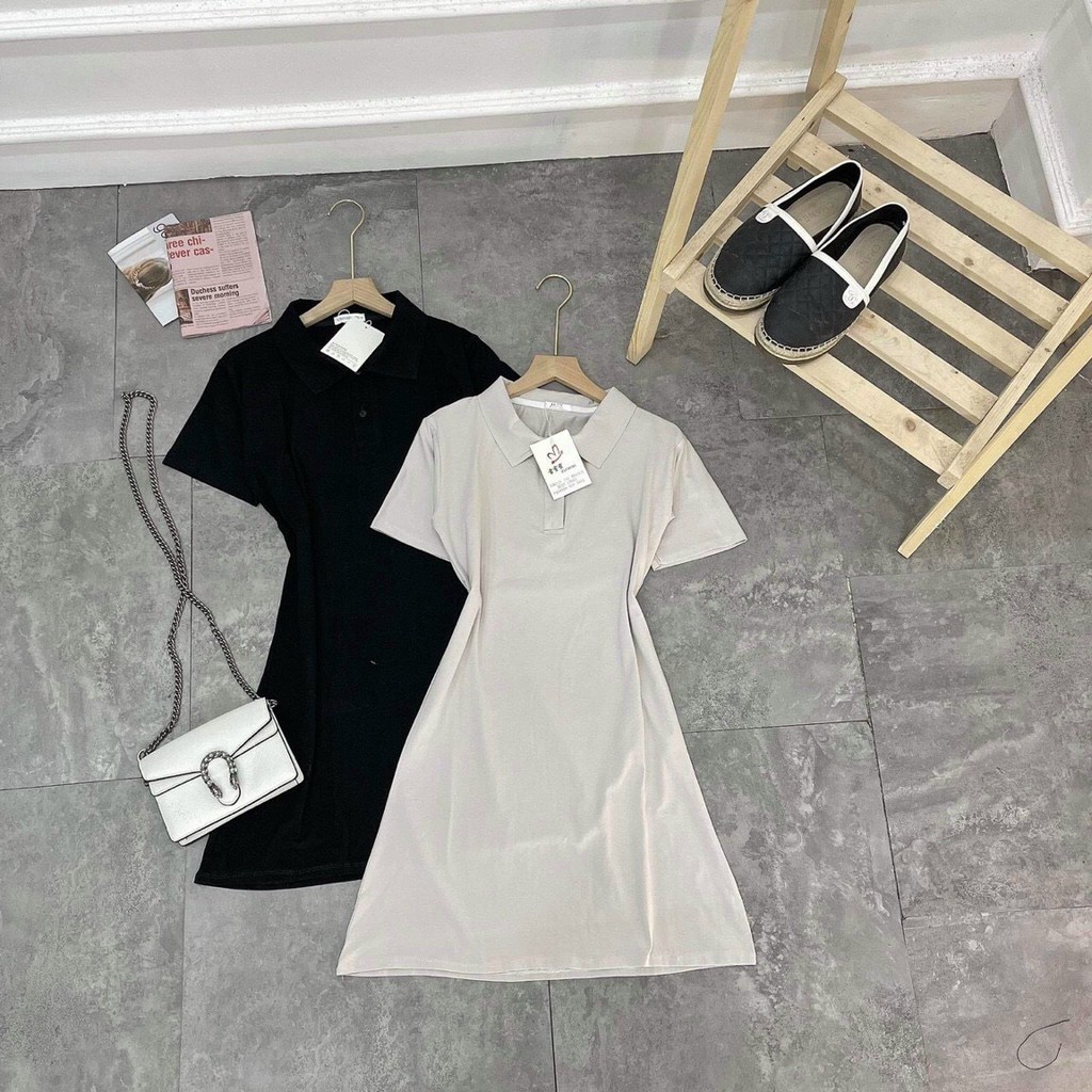 Đầm Body Polo, Váy Polo Chất Cotton Lạnh, Cổ Bẻ, Tay Ngắn, 2 Màu Be và Đen. COS V1007 | BigBuy360 - bigbuy360.vn