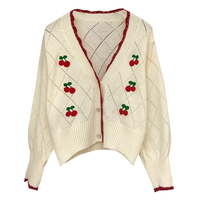 Áo cardigan dệt kim tay dài thêu hình quả cherry kiểu cổ điển