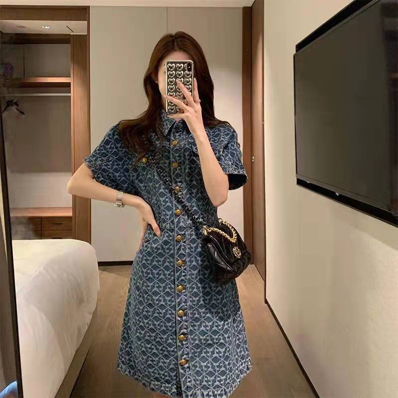 Đầm denim cổ polo phong cách xuân hè Pháp 2022 cỡ nhỏ cho nữ