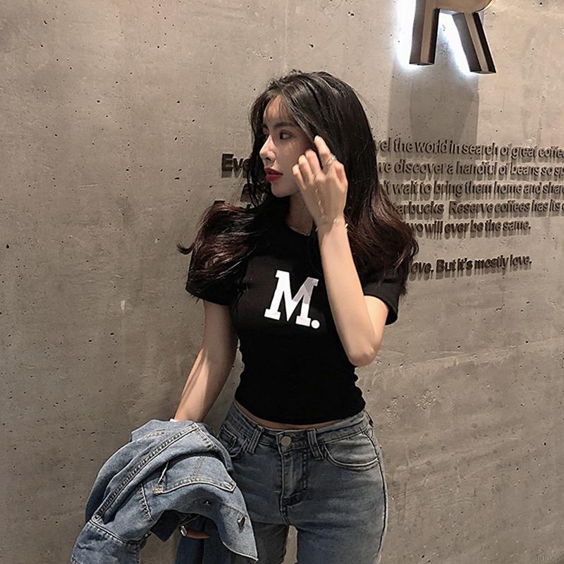 Áo Thun Croptop Tay Ngắn In Chữ Cổ Tròn Phong Cách Hàn Quốc