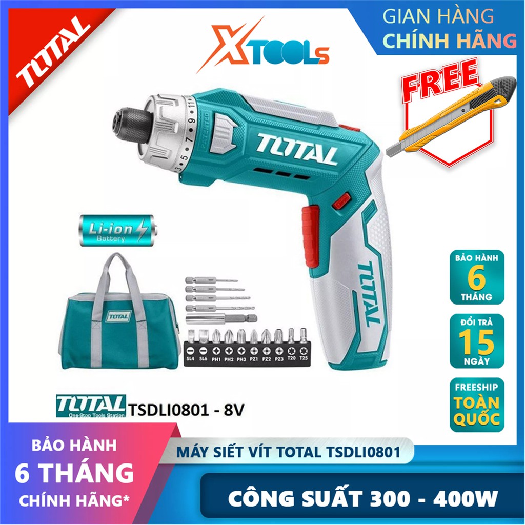 Máy bắn vít mini dùng pin 8v TOTAL TSDLI0801 tốc độ 220v/p, đầu lục giác 1/4", có đèn led, có chức năng đảo chiều, điện