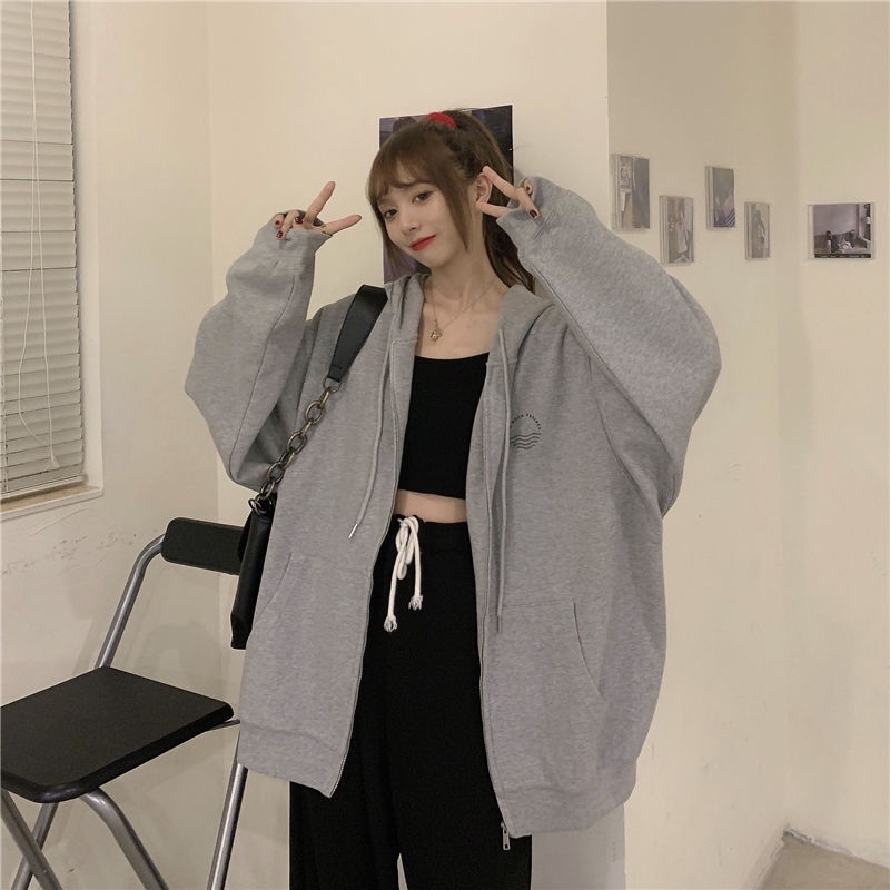Áo khoác hoodie có khóa kéo dáng rộng mẫu mới phong cách Hàn Quốc mới thời trang mùa thu dành cho nữ