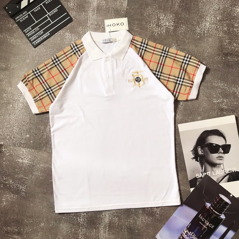 Áo thun cổ trụ  tay ngắn phối ngực họa tiết BURB trước sau phối caro tay áo chất cotton thoáng mát thời trang mùa hè hot