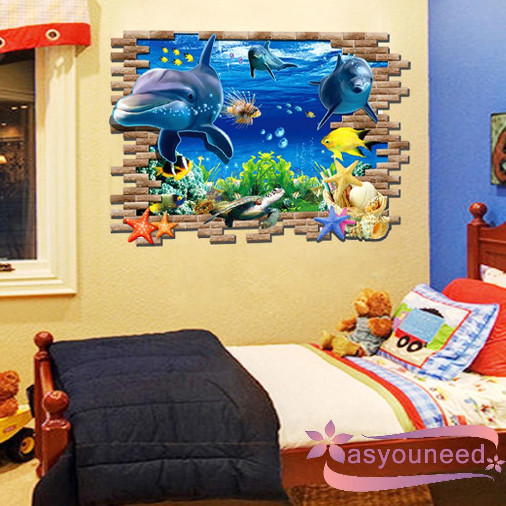 Decal dán tường hình cá heo 3D sáng tạo dễ tháo gỡ chất liệu PVC kích thước 50x70cm