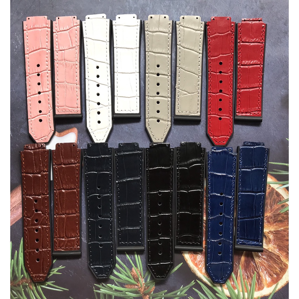(Tặng tua vit thay dây) Dây đồng hồ Hublot size 20 lót da cá sấu các màu Size 15-23-20