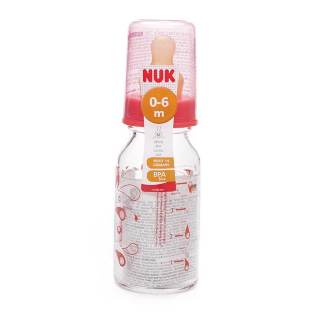 Bình sữa thủy tinh cổ nhỏ 125ml Nuk núm cao su và silicon-Đức