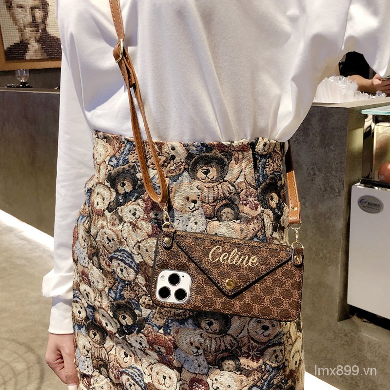 Ốp Điện Thoại Da Kèm Ngăn Đựng Thẻ Và Dây Đeo Cho iphone 14 13 12 11 pro max 15 xs xr xsmax 8 Plus 7