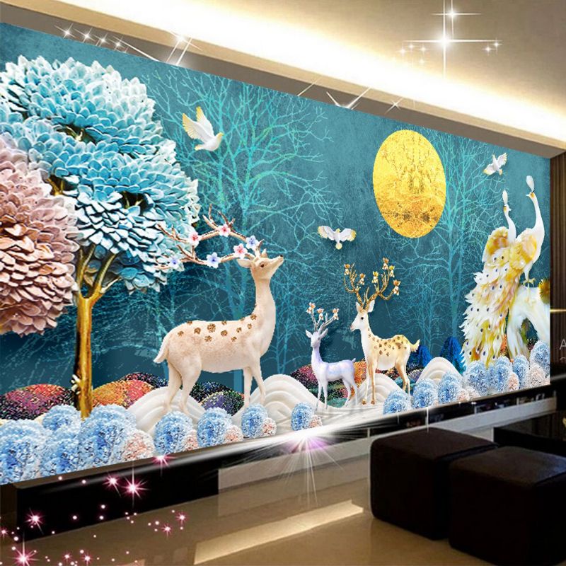 Tranh thêu kín chữ thập Nai Sừng dưới ánh trăng E77(100x55cm)