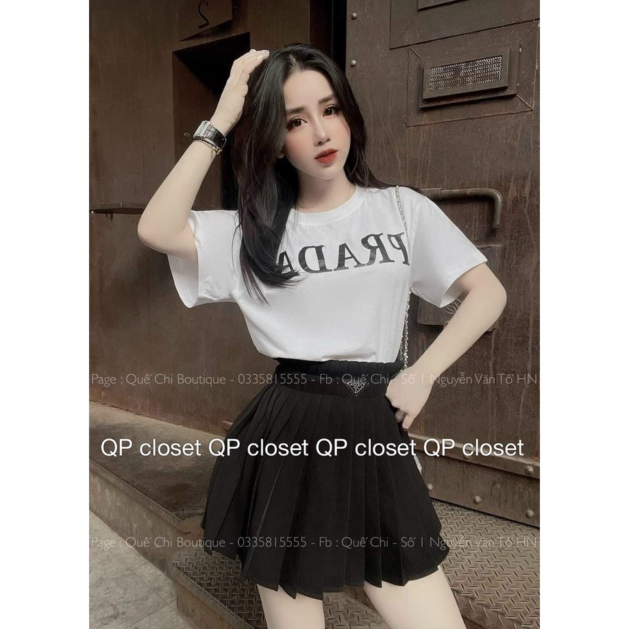 Set bộ nữ áo phông thụng tay lỡ prada mix chân váy xếp ly cá tính công sở đi học đi làm