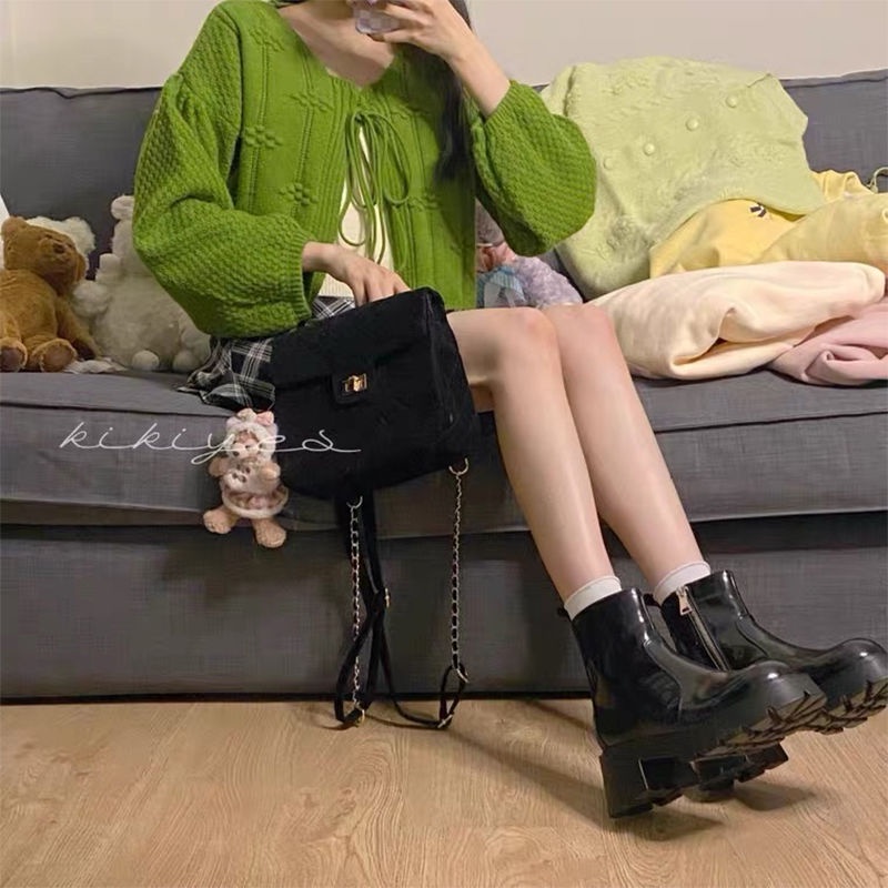 Áo Khoác Cardigan Len Tay Phồng Dáng Ngắn Phối Ruy Băng Màu Xanh Lá Thời Trang Hàn Quốc Mới Cho Nữ