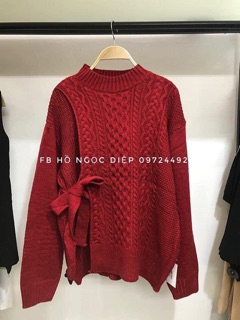 Áo len buộc nơ eo full màu đỏ nâu be