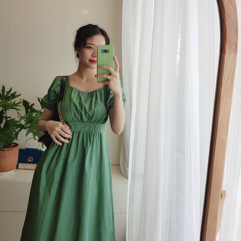 Váy, đầm xòe cổ vuông nơ lưng