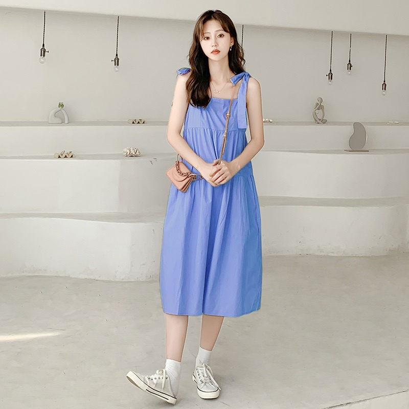 SUV003 Váy babydoll dáng dài 2 dây bản to thắt nơ xanh trắng form rộng Đầm bầu hai dây maxi 2 tầng buộc dây trơn suông