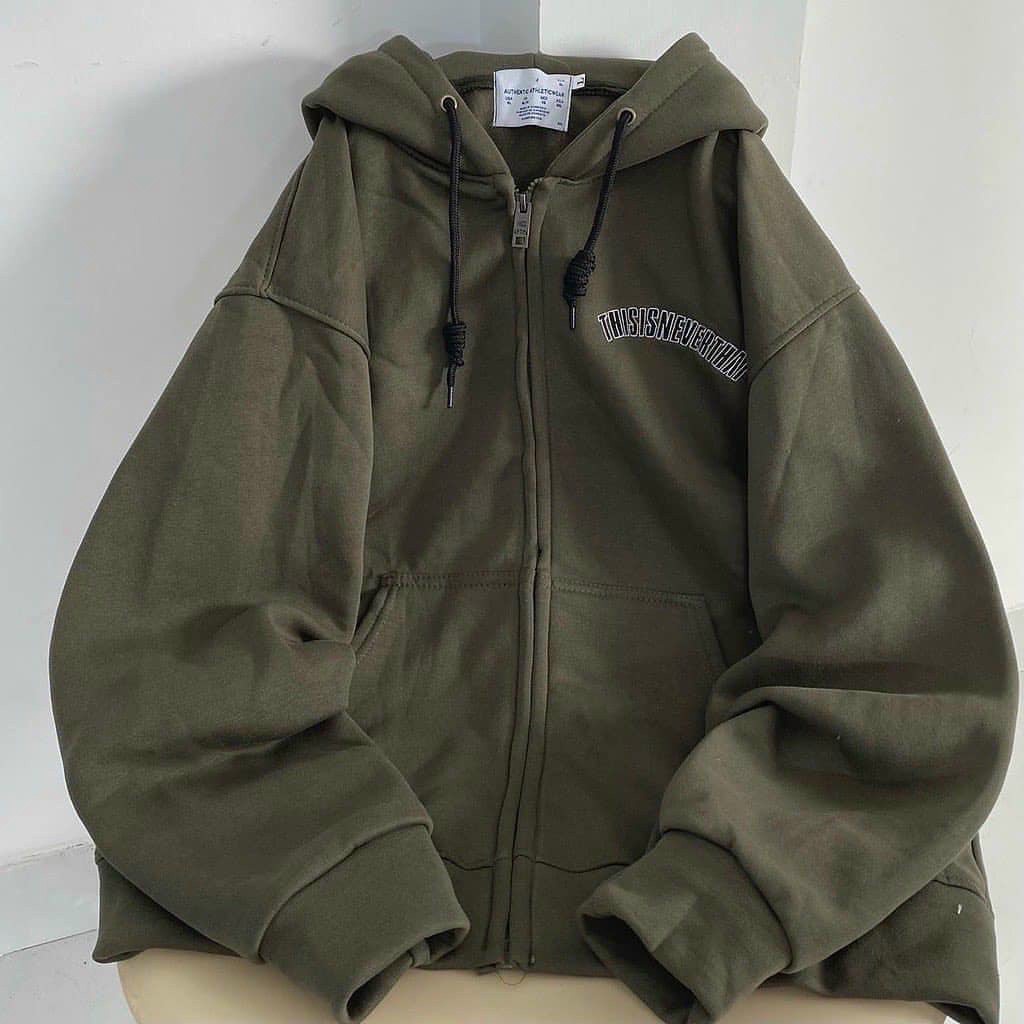 Áo Khoác Nỉ Zip Xanh Rêu Form Rộng Khánh Như Store - Hoodie Mũ 2 Lớp Tay Bồng