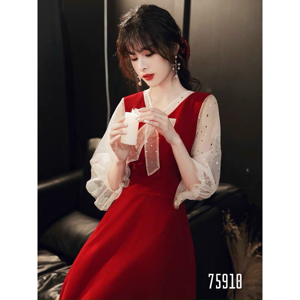 Đầm xòe nơ cổ chất đẹp phù hợp dự tiệc, diện Tết đủ size S,M,L,XL,XXL - 75910