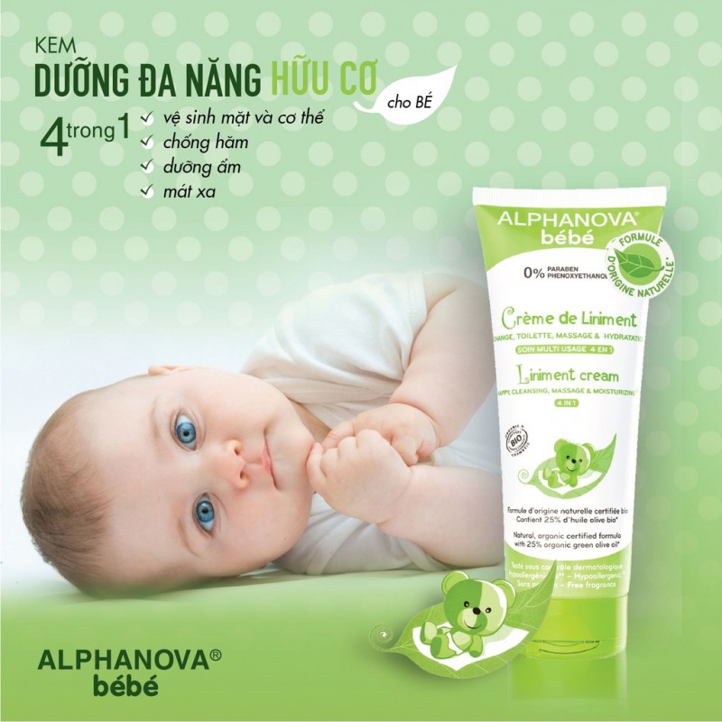 Kem dưỡng đa năng hữu cơ cho bé 4 trong 1 Liniment Cream Alphanova Bebe 200ml