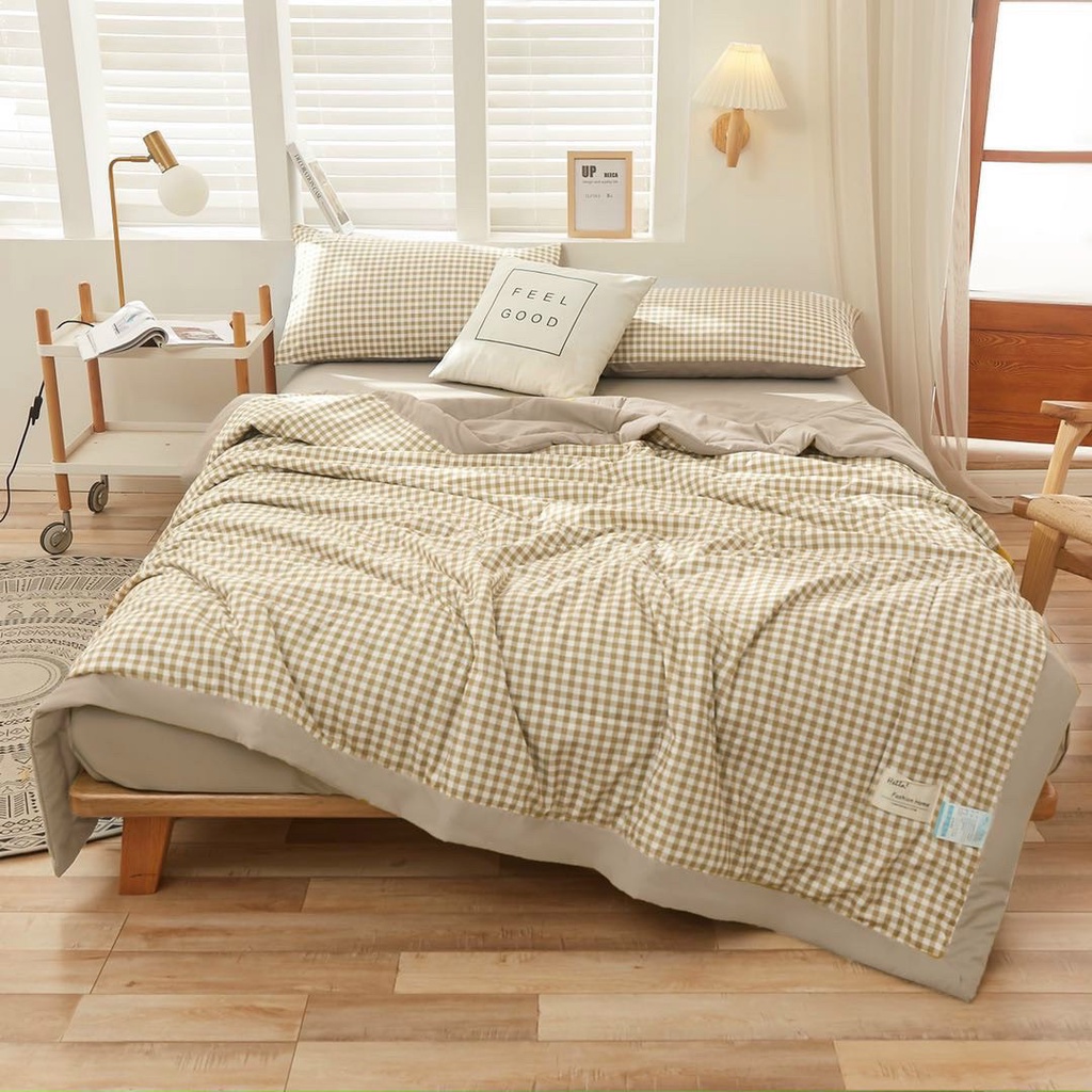 Bộ Chăn Ga Gối Cotton Tici Kẻ Chăn Chần Hè HIN BEDDING, Chăn Ga Hàn Quốc Vintage Chăn Chần Bông Cao Cấp Các Mẫu Mới