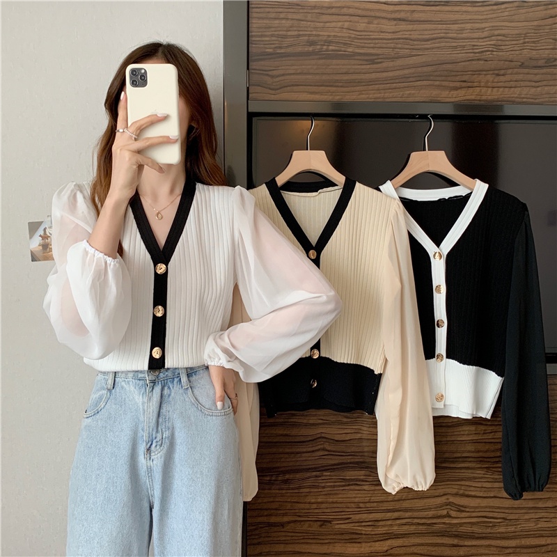 Áo cardigan tay dài bằng vải voan cổ chữ V dáng rộng thời trang mùa thu 2021