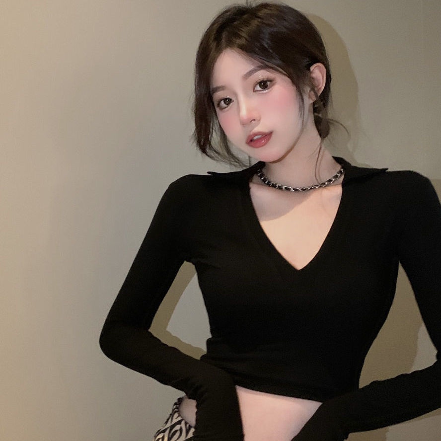 Áo thun COZOK tay dài cổ chữ V màu trơn dáng ôm quyến rũ