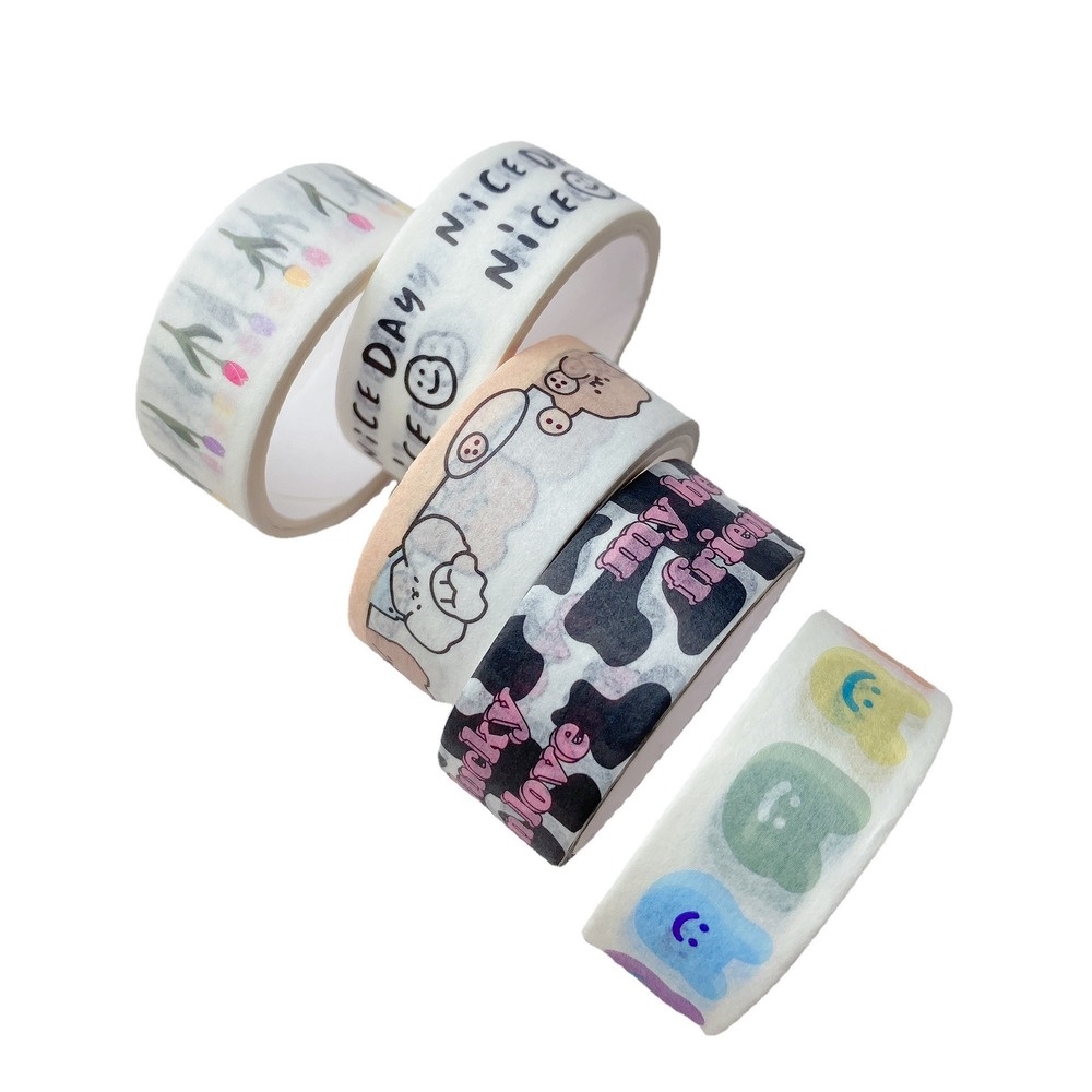 Cuộn băng giấy dán washi in hình gấu/ hoa tulip trang trí sổ tay dễ thương DIY