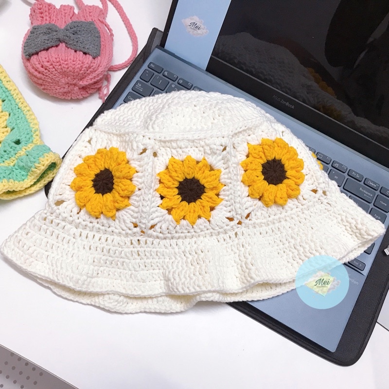 NÓN LEN HOA CÚC handmade Made by Mei, DAISY bucket hat granny square, mũ len móc hoa cúc crochet