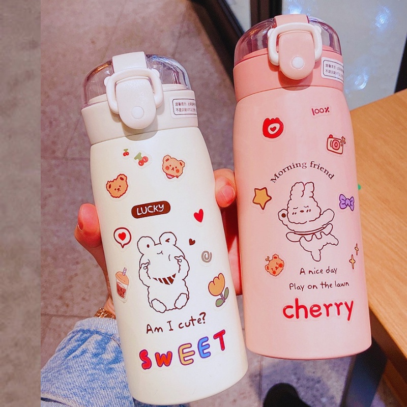 Bình giữ nhiệt 500ml, Bình nước mini inox có ống hút tiện dụng cho bé đi học kèm Dây +Sticker -BlueStore