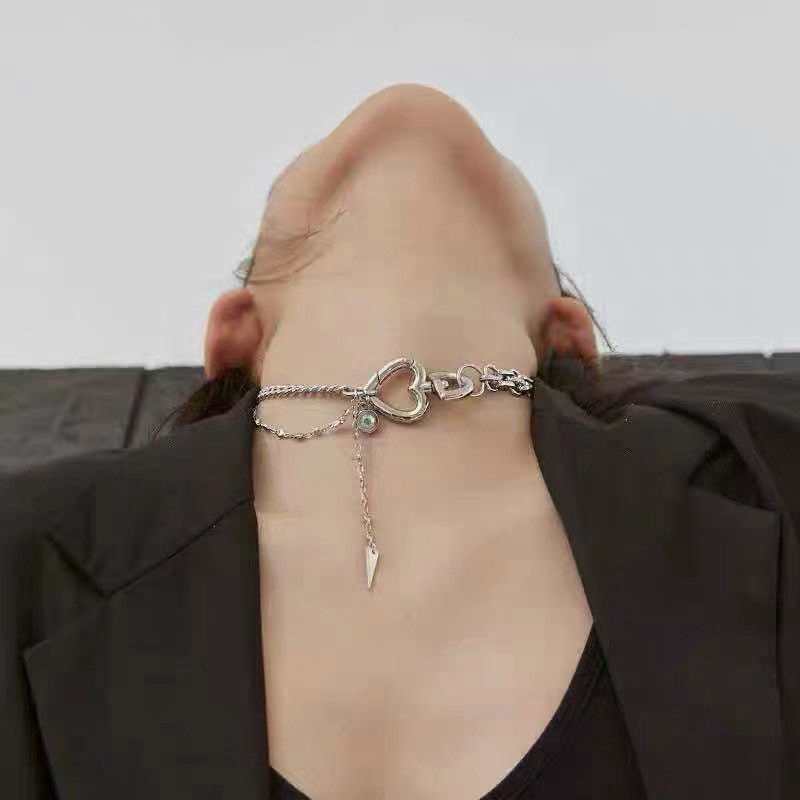 Dây Chuyền Mặt Hình Ổ Khóa Trái Tim Đính Đá Pha Lê Phong Cách Harajuku