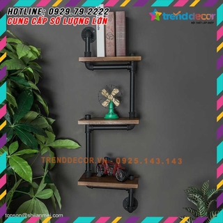 kệ treo tường gỗ 3 tầng kệ ống nước decor vintage bằng ống sắt độc lạ bền đẹp trang trí phòng khách sáng tạo