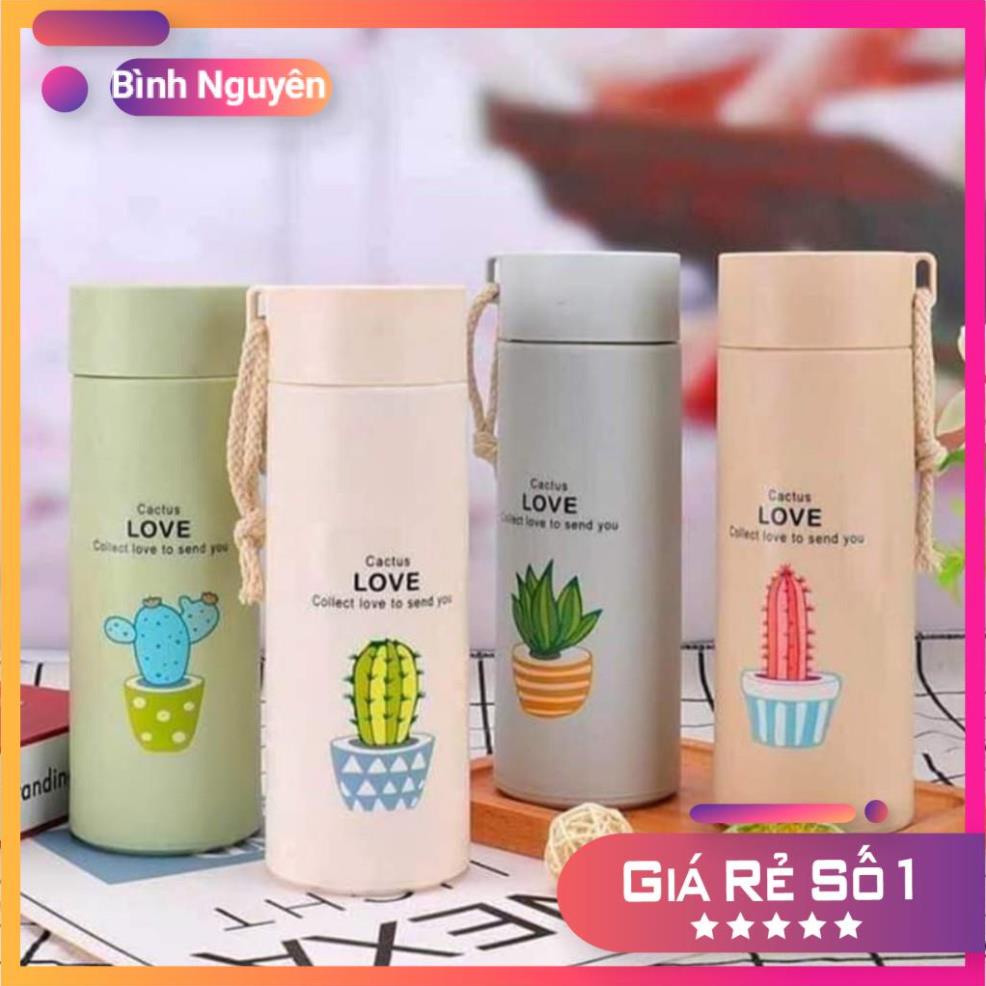 Bình Giữ Nhiệt Thủy Tinh Bọc Nhựa Lúa Mạch 450ml Họa Tiết Xương Rồng, Chống Va Đập, Có Dây Xách Tiện Dụng