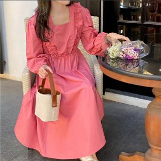 [CÓ SẴN] Đầm xòe hồng cổ vuông viền bèo tiểu thư dáng dài ulzzang