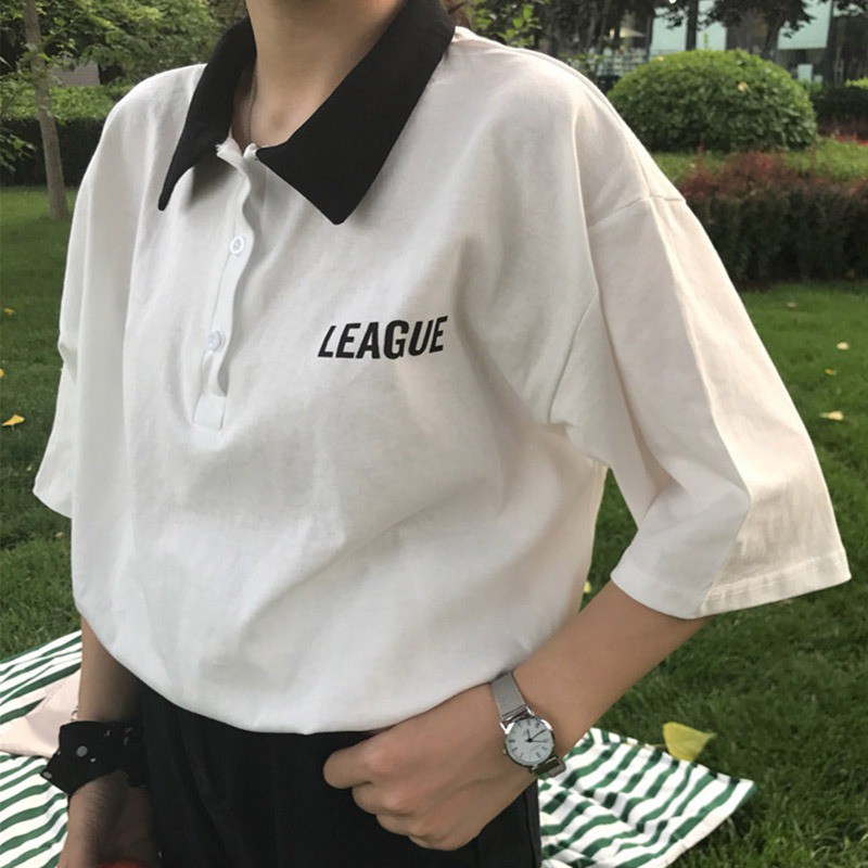 FREESHIP ĐƠN 99K_ Women's Turn-down Collar Letter Print Short Sleeve Loose Polo Shirt