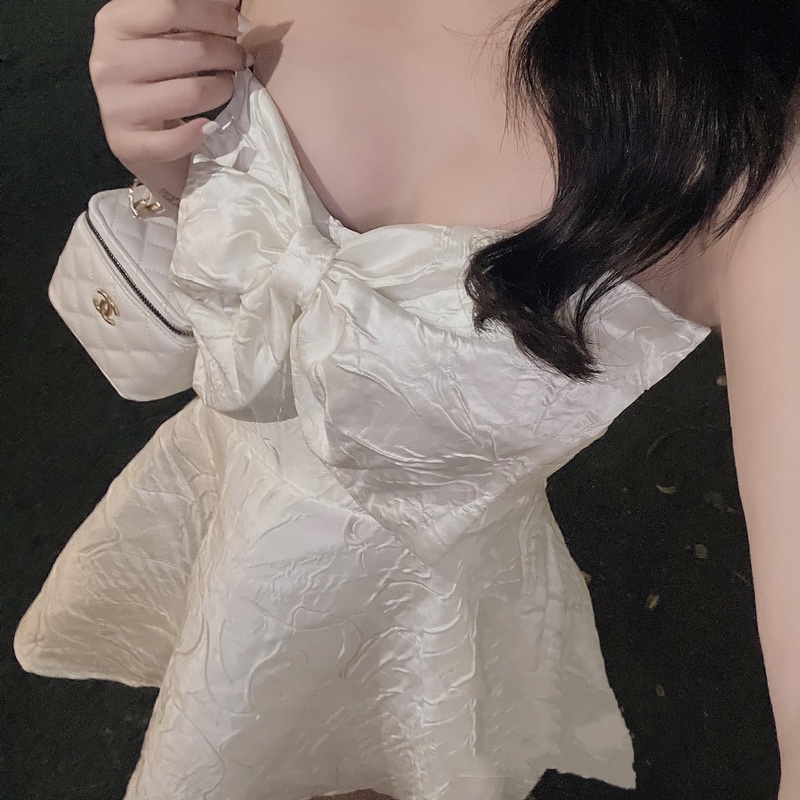 Váy Gấm Mầu Kem Nơ Ngực Dáng Xoè/ Adeirlina Dress