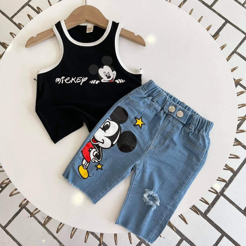 Set đồ cho bé gái 🍎[𝐅𝐑𝐄𝐄𝐒𝐇𝐈𝐏]🍎Set Mickey ba lỗ chất cotton 100% phối quần Jean lửng mềm mát mặc hè-SHOP BỐN MÙA