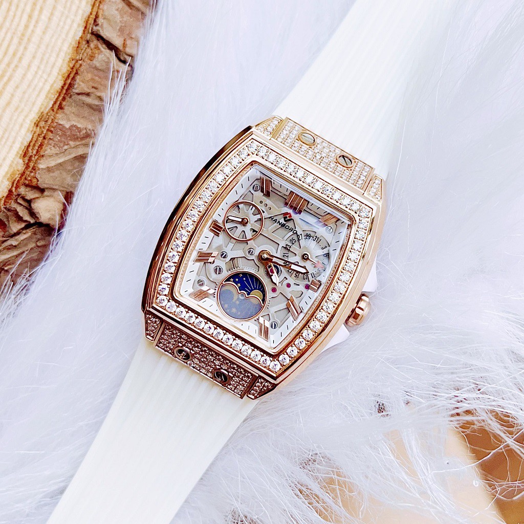 Đồng Hồ Hanboro Nữ Đính Đá Dây Silicon Trắng Rose Gold Chính Hãng 36mm