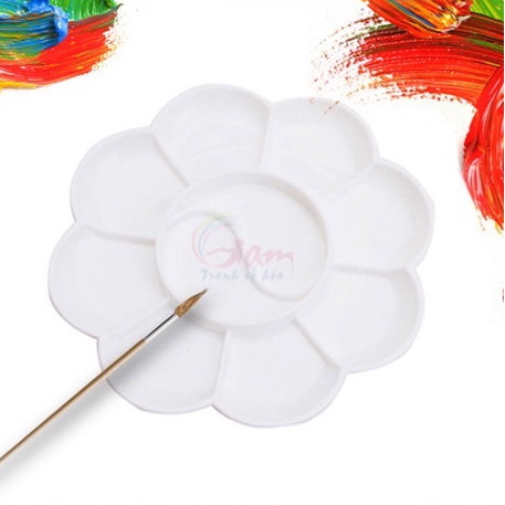Khay pha màu đựng màu palette nhựa hình bông hoa trắng đường kính 11.5cm