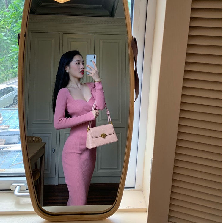 DUNEA Đầm dệt kim dáng dài cổ vuông tùy chọn màu sắc thời trang dành cho nữ