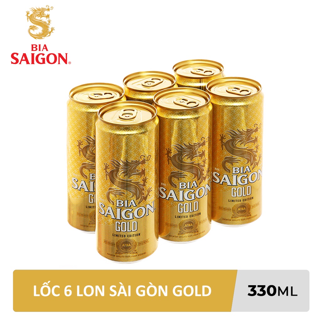 LỐC 6 LON BIA SÀI GÒN GOLD SABECO 330ML