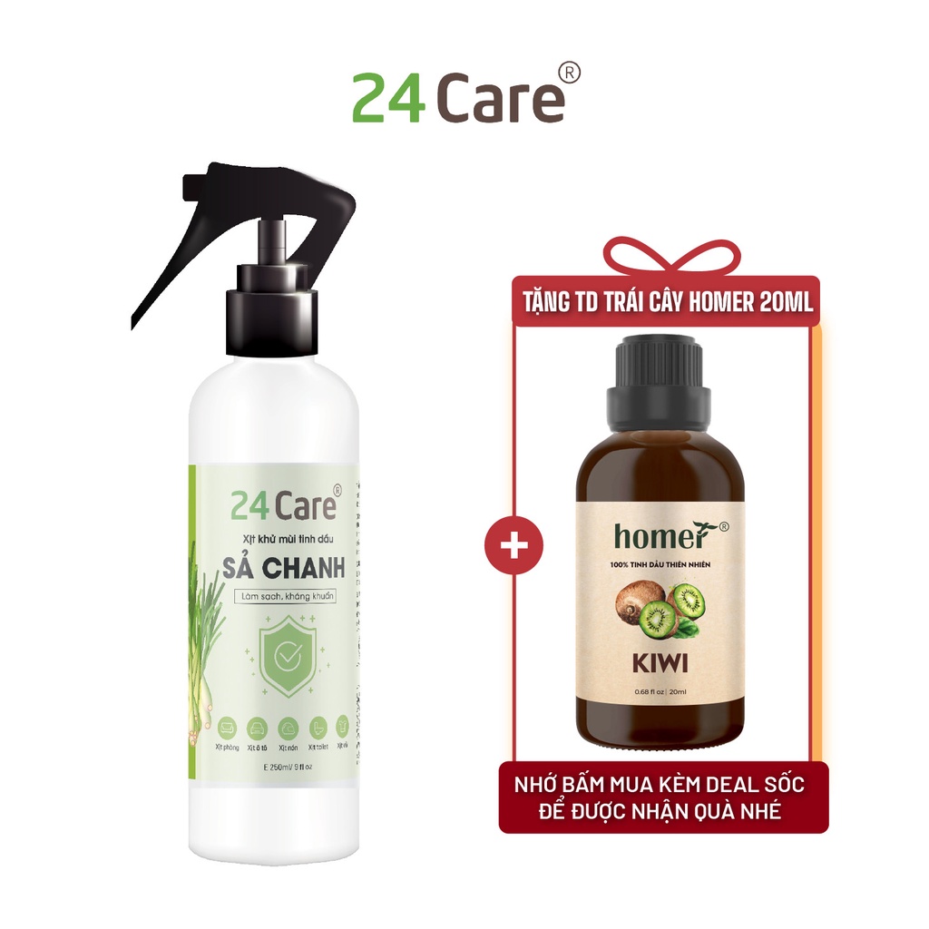 Xịt phòng tinh dầu Sả Chanh 24Care 250ml - Khử mùi thơm phòng, sát khuẩn, đuổi muỗi xua đuổi côn trùng