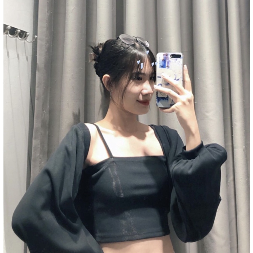 Set Áo Quây Tăm Tay Bồng PEONYB Nữ [FREESHIP]  Bộ croptop body kèm áo khoác cardigan mini màu trắng bánh bèo Ulzzang