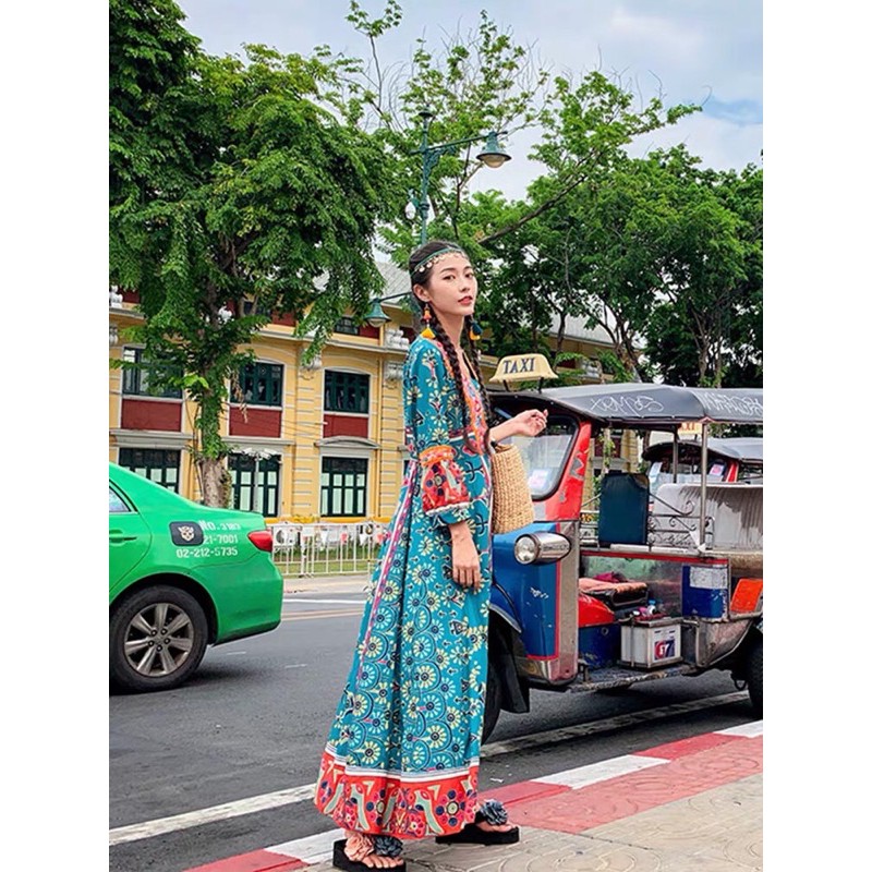 Váy đầm maxi boho thổ cẩm dáng dài cổ V form xoè vintage đi chơi Sapa đi biển