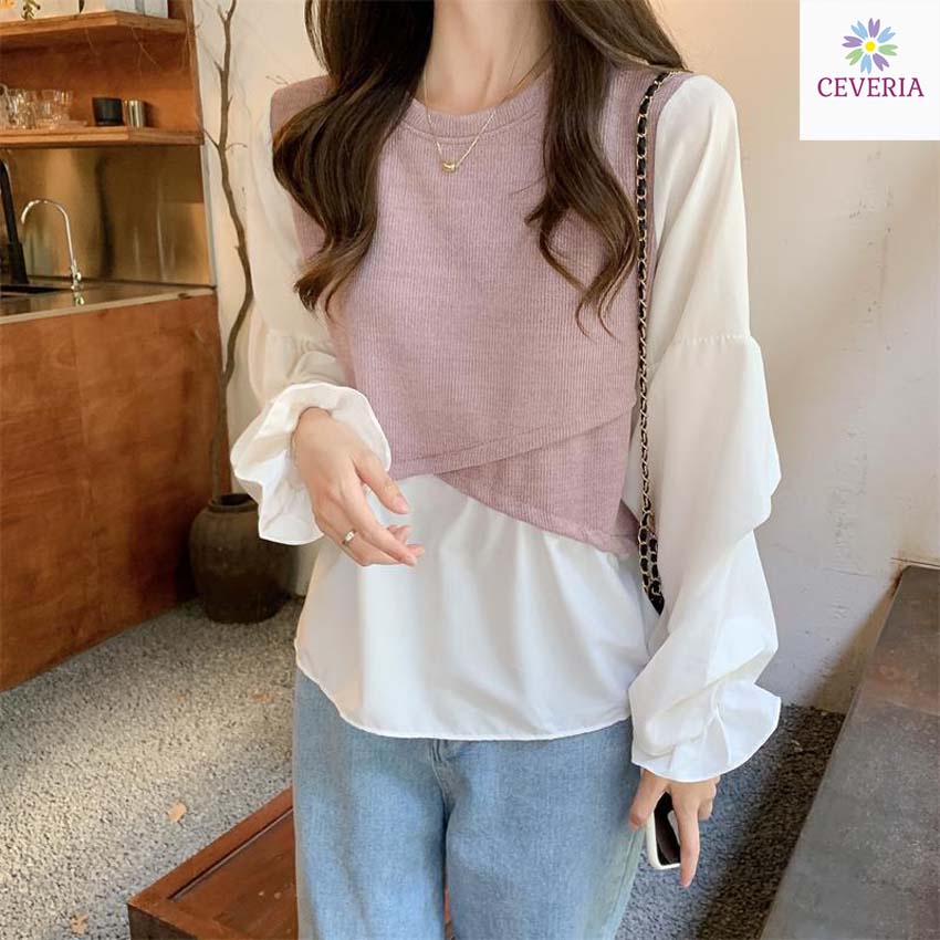 Áo dệt kim nữ mùa thu thời trang tay bồng giả sơ mi kiểu Hàn Quốc - Trẻ trung, đáng yêu,kiểu Hàn quốc hiện đại-cổ tròn