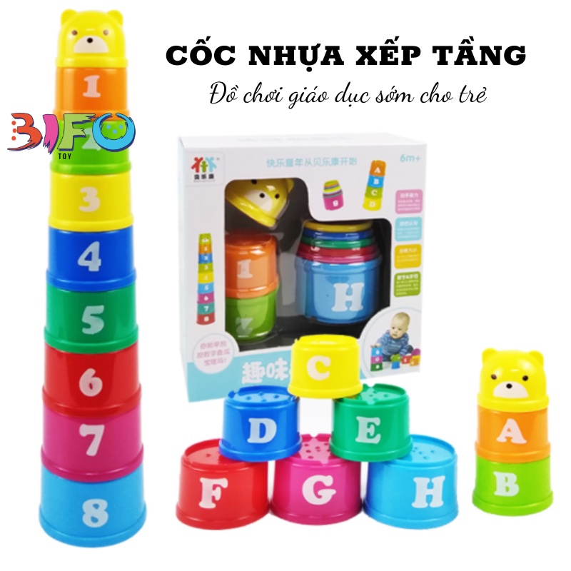 Đồ chơi tháp cốc nhựa xếp chồng 9 tầng đồ chơi giáo dục sớm giúp bé nhận diện màu sắc, to nhỏ, chữ và số hình gấu