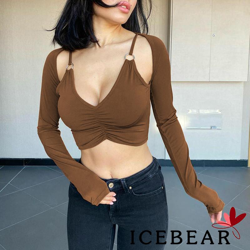 ICE-Women´s Crop Tops Solid Color Deep V Neck Long Sleeves Cropped Navel Shirt Blouse