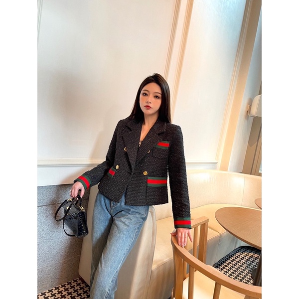 Áo khoác vải tuýt cao cấp thương hiệu Gucci GC/GG 2022 viền túi phối hai màu cổ điển thiết kế sang trọng